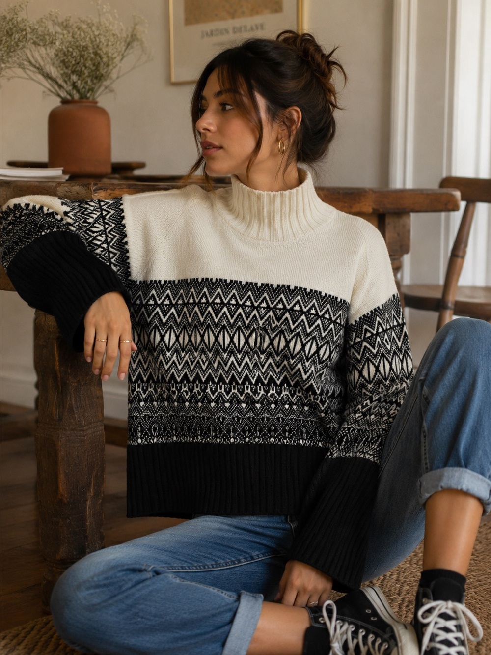 Frank & Oak Black and White Patterned Turtleneck Sweater